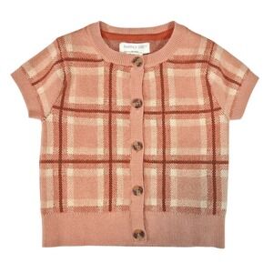 Happily Grey Kids Plaid Knit Cardigan Sweater XS 4 Orange Cream Short Sleeve